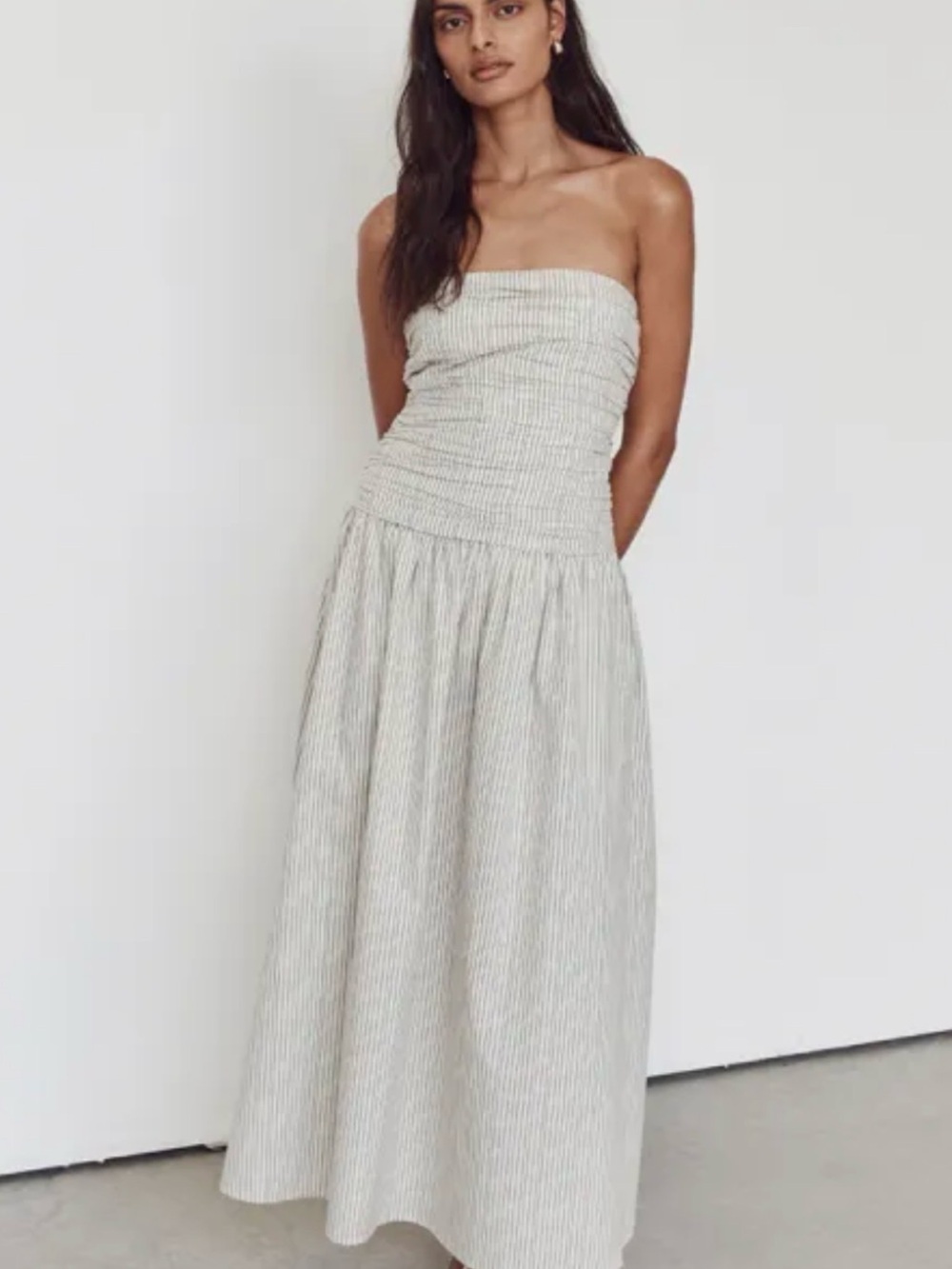 DISSH Strapless Smocked Maxi Dress in Light Gray Stripe